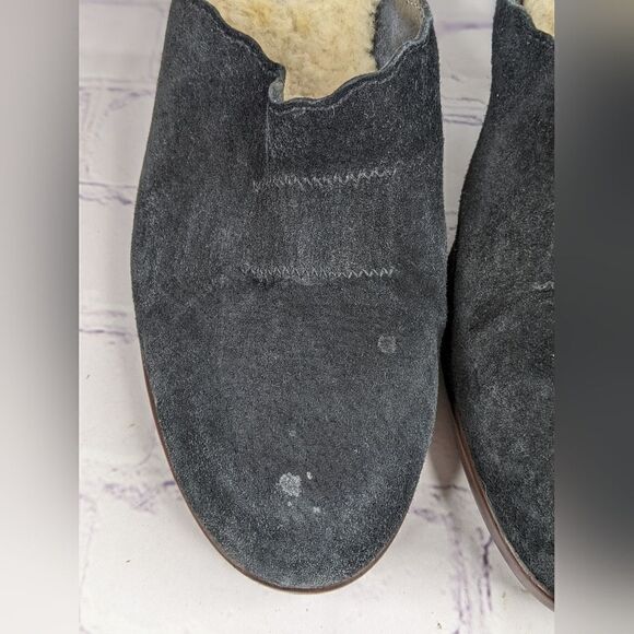 UGG Shearling Lined Black Suede Heeled Mules Clogs - Picture 9 of 14